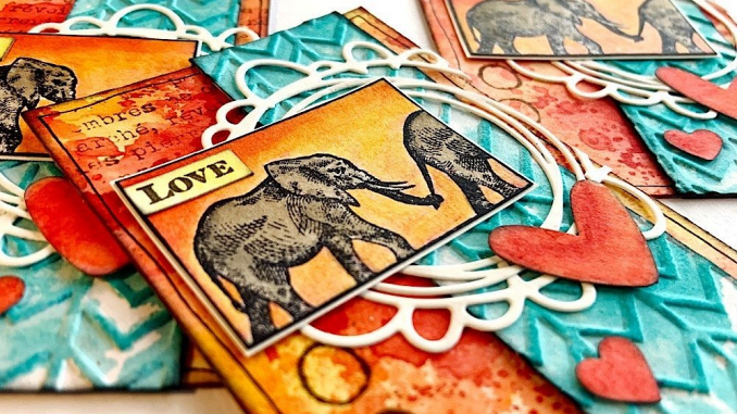 Bunte ATC Karten zum Thema "Embossingfolder" mit Elefanten als Hauptmotiv.