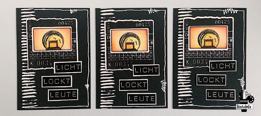 Drei ATC Karten in schwarz weiß zum Thema "Licht" mit Rahmen von Elizabeth Craft Designs aus dem Stempelset "Framed" und Klartext Stempel "Borders".