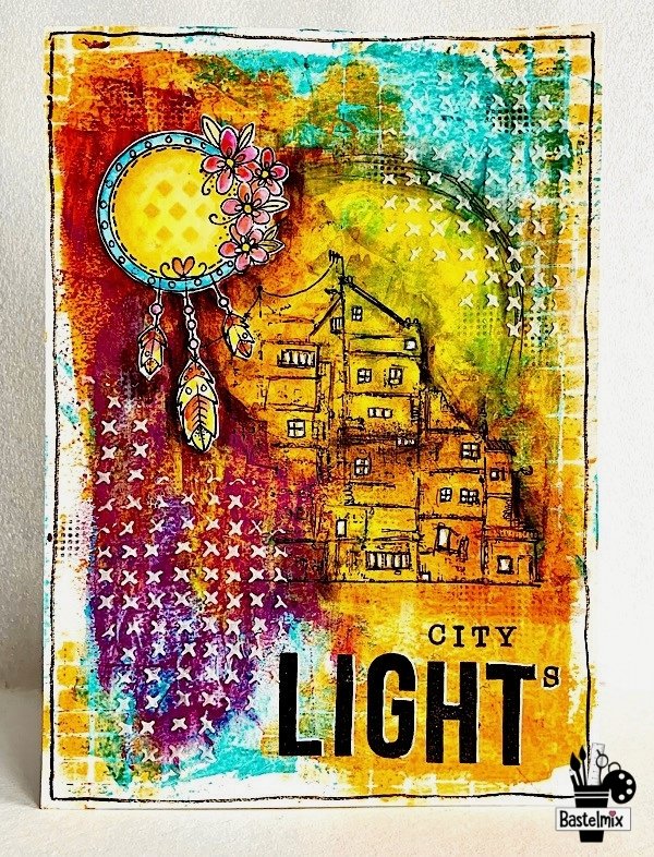 Art Journal Seite "City Lights" mit Stempeln von Carabelle Studio.