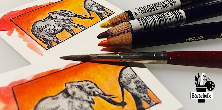 Stempelmotiv Elefanten von Carabelle Studio, coloriert mit Derwent Inktense Stiften.