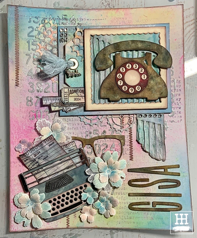 Ein Entwurf einer Collage mit Telefon und Schreibmaschine als Abschiedsgeschenk für eine Sekretärin.