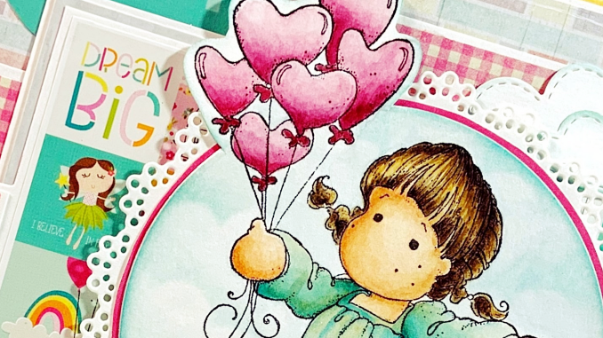 Stempelmotiv Tilda with Heart Balloons auf einer selbst gemachten Geburtstagskarte.